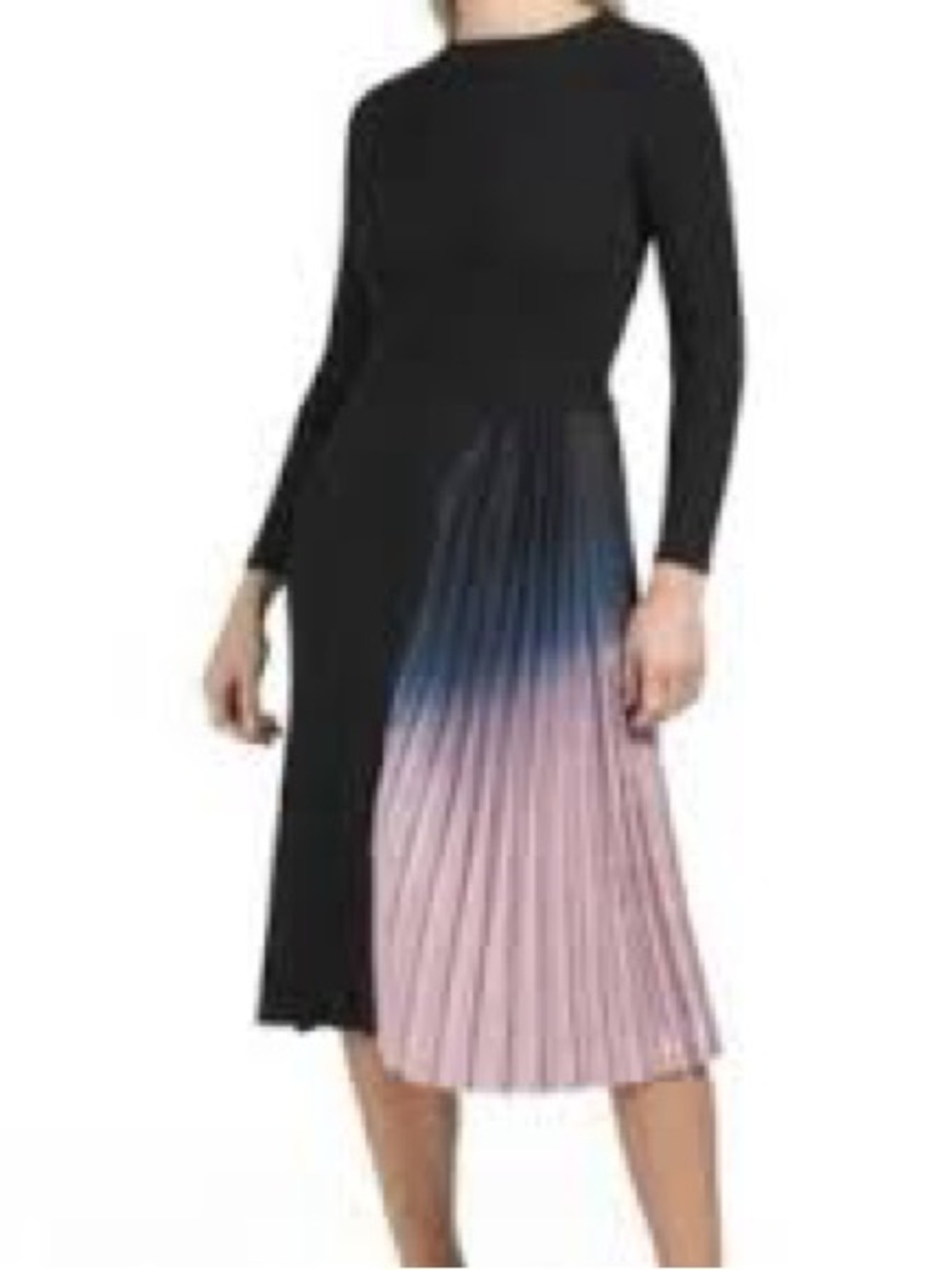 Dalia MacPhee Black Ribbed Pleated Ombre Skirt Sweater Midi Dress